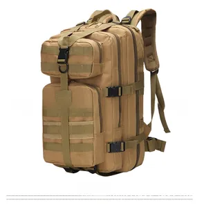 Side view of khaki tactical backpack featuring Molle system and durable nylon fabric