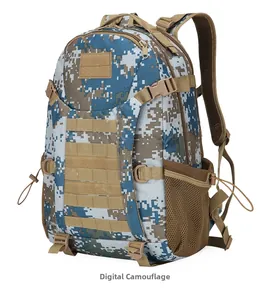 Detail of military tactical backpack in navy digital camo with MOLLE webbing and mesh pocket