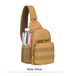 Detailed side view of khaki tactical shoulder bag with mesh water bottle holder