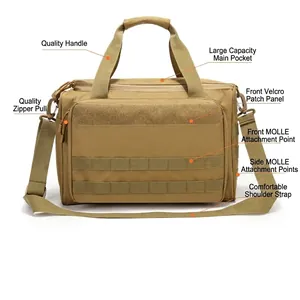 Tactical tan large capacity travel bag with MOLLE system and adjustable shoulder strap