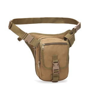 Close-up of khaki tactical leg bag with high-density fabric and adjustable nylon straps
