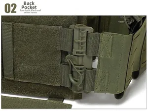 Detail view of olive green tactical vest with quick-release push buckle and large velcro panel