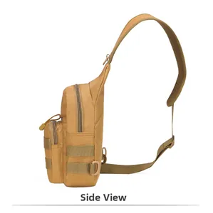 Side view of coyote tan tactical chest bag with MOLLE webbing and breathable mesh strap