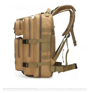 Side view of tactical backpack featuring MOLLE system and breathable mesh padding