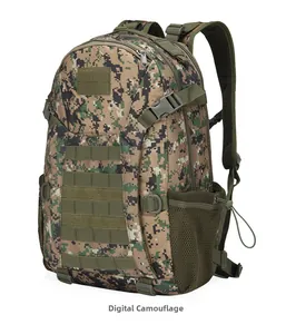 Detail of Jungle Digital Camouflage tactical backpack with MOLLE system and mesh pockets