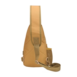 Detail of khaki tactical chest bag showing wide shoulder strap and mesh bottle pocket