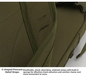 Detail of S-shaped pressure relief straps with breathable sponge padding on green backpack
