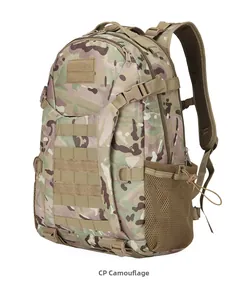 Close-up of CP camouflage tactical backpack with MOLLE webbing and mesh water bottle pocket