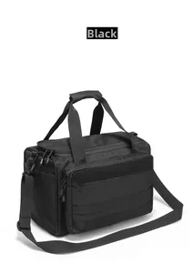 Close-up of black tactical shoulder bag with Molle webbing system and durable nylon fabric