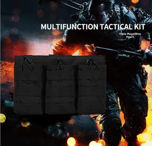 Triple magazine pouch in black nylon with MOLLE straps and elastic retention cords