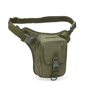 Army green tactical drop leg bag in waterproof nylon with adjustable belt and buckles