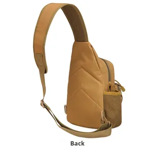 Detail view of khaki tactical chest bag featuring breathable mesh and padded back support