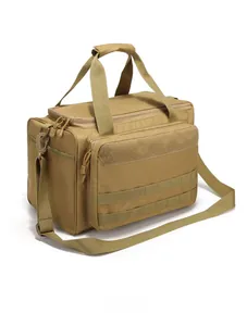 Detail view of khaki tactical shoulder bag with MOLLE webbing and durable nylon fabric