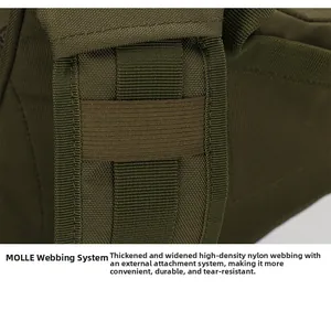 Close-up of military green MOLLE tactical backpack strap with reinforced nylon webbing