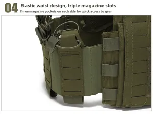 Detail of laser-cut MOLLE system and triple magazine pouches on olive tactical vest