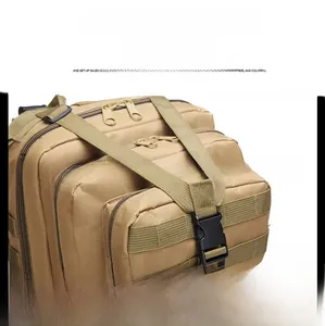Detail of khaki tactical backpack featuring heavy-duty buckles and reinforced straps