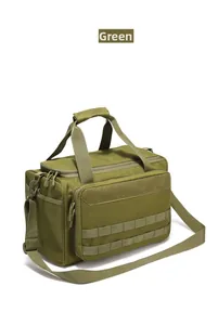Detail of green tactical shoulder bag with MOLLE system and durable nylon fabric