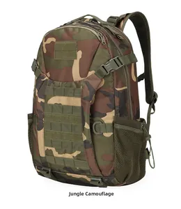 Detail view of Jungle Camouflage tactical backpack featuring Molle webbing and mesh bottle pocket