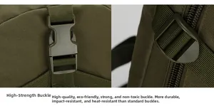 Detail of high-strength tactical plastic buckle and durable nylon strap on backpack