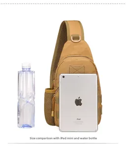 Tactical chest bag size comparison with iPad mini and water bottle showing dimensions