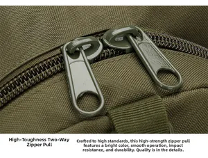 Detail of durable bidirectional metal zipper pull on olive green tactical backpack