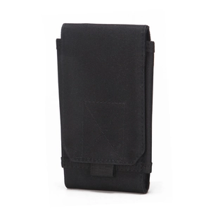 Vertical black MOLLE tactical cell phone pouch in durable water-resistant nylon
