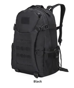 Detail of water-resistant tactical backpack with Molle system and breathable mesh side pocket