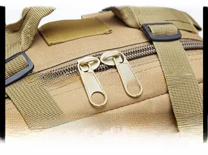 Detail view of high-strength tactical backpack with smooth two-way dual metal zippers