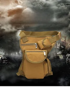Detailed view of wolf brown tactical leg bag with durable nylon and adjustable buckles