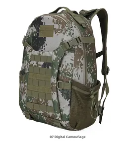 Detail of military tactical backpack in digital camouflage with Molle system and side mesh pocket