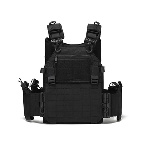 Detailed front view of black tactical vest featuring MOLLE system and quick-release buckles