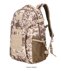 Detail view of desert digital camouflage tactical backpack with MOLLE webbing system