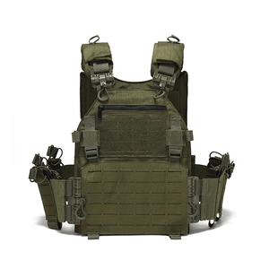 Detailed view of olive green tactical vest with laser-cut MOLLE and quick-release buckle