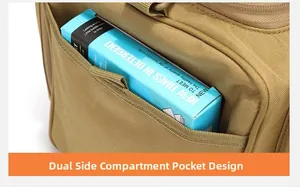 Detail view showing side compartment design with durable khaki tactical nylon fabric