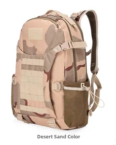 Side view of desert camo tactical backpack with MOLLE system and mesh side pocket