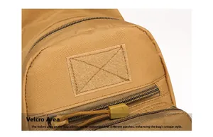 Detail of khaki tactical bag showing hook-and-loop patch area and durable zipper pull