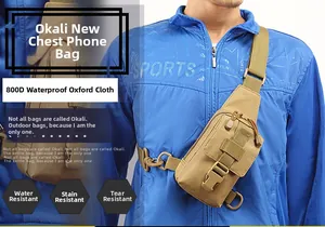 Detail view of khaki 800D waterproof oxford tactical chest bag with multiple zip pockets