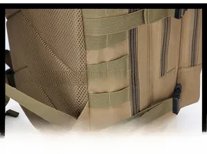 Tactical backpack side view showing Molle attachment system and adjustable buckle straps