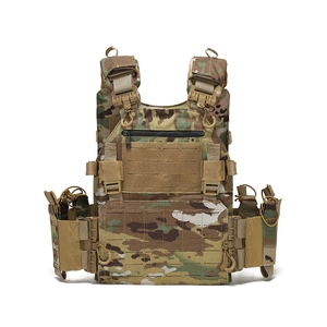 Macro detail of camouflage tactical vest featuring laser-cut MOLLE and quick-release buckles
