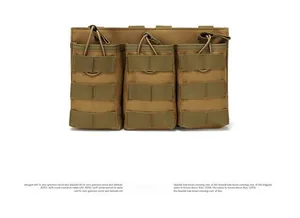 Water-resistant coyote brown nylon triple mag pouch with MOLLE straps and bungee cords