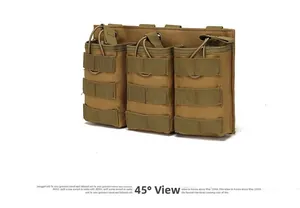 Detailed 45-degree view of coyote tan triple mag pouch with MOLLE straps and bungee cords