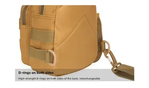 Close-up of high-strength D-ring buckles on durable khaki tactical canvas chest bag