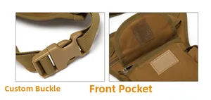 Detail of khaki tactical bag featuring durable custom buckles and front velcro pocket