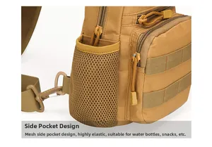 Detail view of the tactical sling bag featuring an elastic mesh side pocket for water bottles