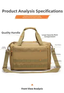 Detail view of khaki tactical travel bag featuring MOLLE system and adjustable shoulder strap