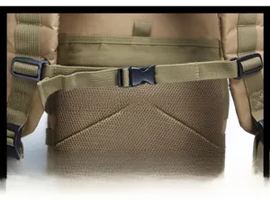 Detail of adjustable chest stabilization strap with plastic buckle on tactical backpack