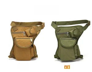 Detail view of tactical leg bags in tan and green colors with multi-pocket nylon design