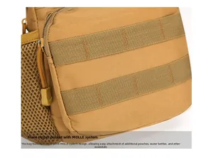 Close-up of khaki tactical bag with MOLLE webbing and mesh water bottle pocket