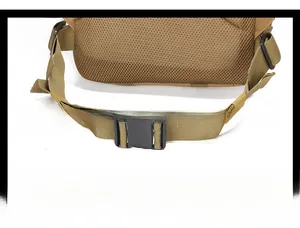 Detail of khaki tactical backpack waist strap with breathable mesh and buckle