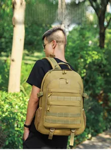 Khaki tactical medical backpack with MOLLE system and velcro panels for outdoor hiking